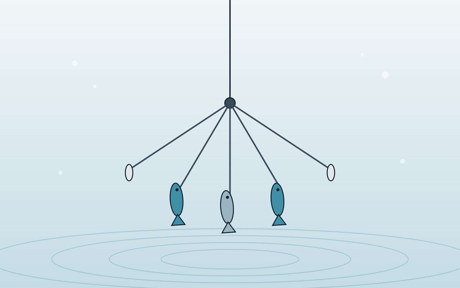 Illustration of an umbrella-style rig: several arms from one hub on a line, with swimbait lures and blades