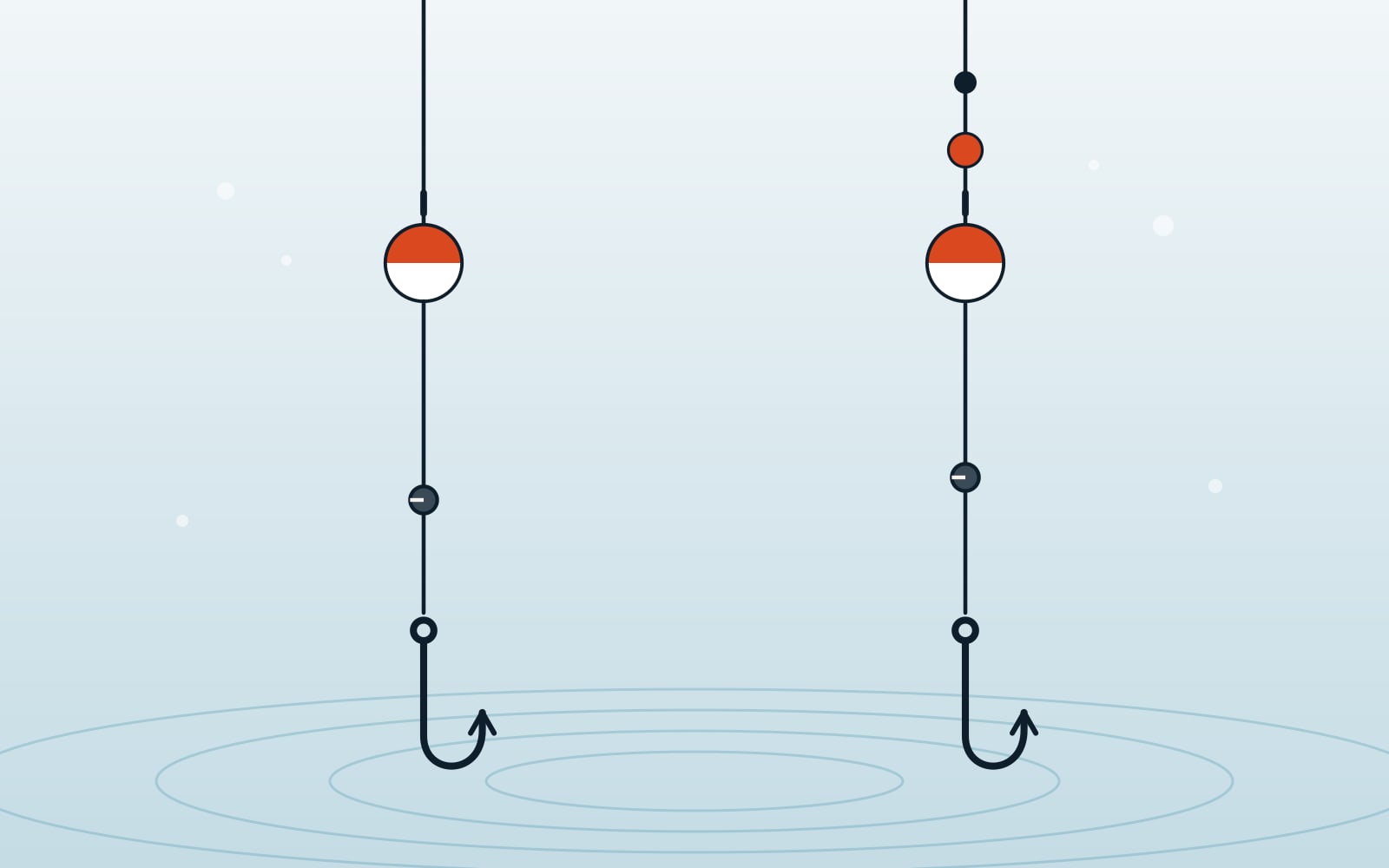 Illustration of two bobber rigs side by side: a fixed bobber on the line and a slip bobber with a stopper knot above it