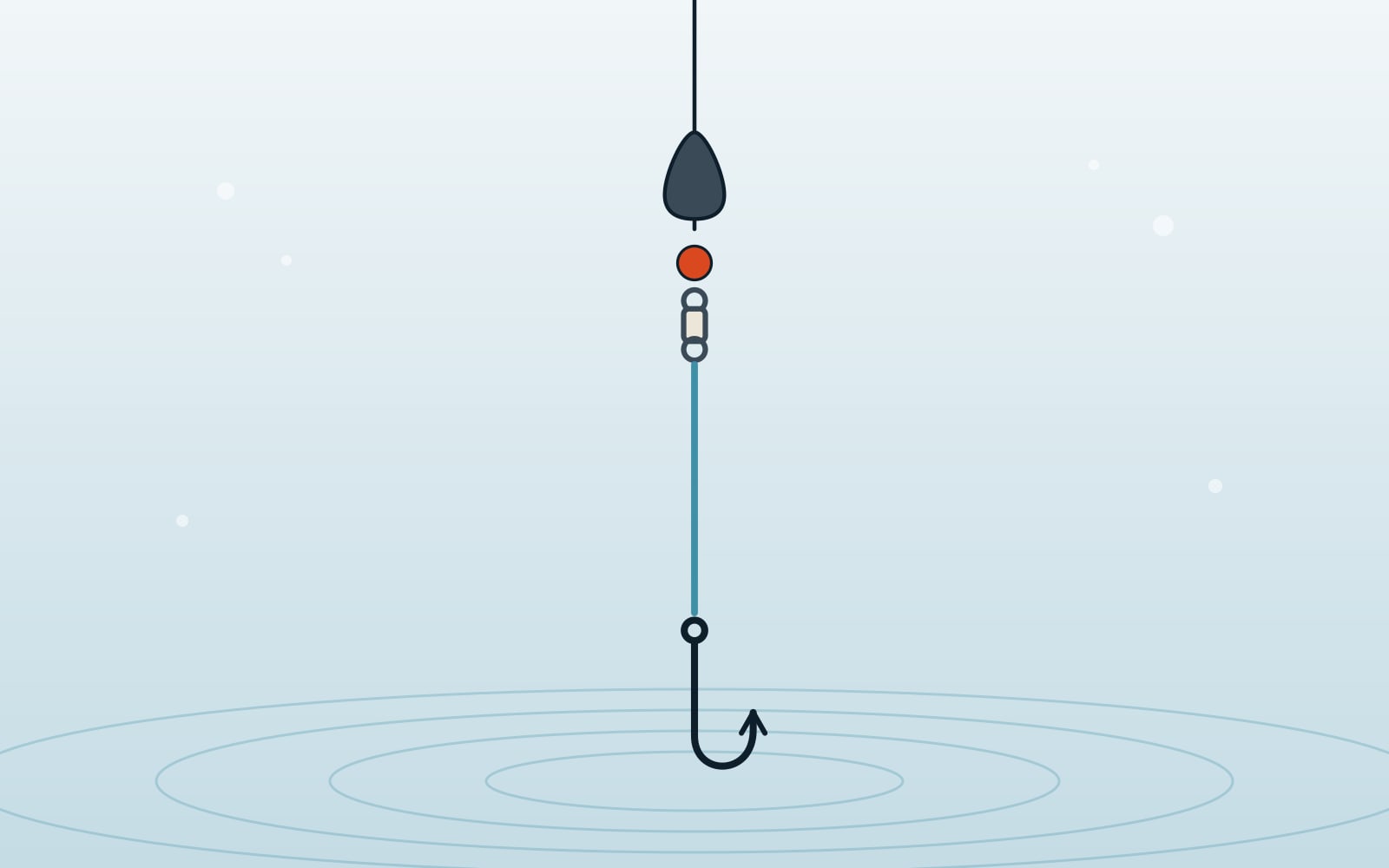 Illustration of a Carolina rig: bullet sinker, bead, swivel, leader and hook hanging on one line