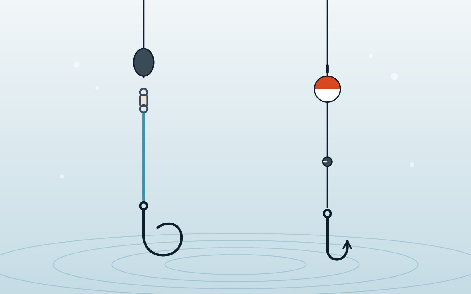 Illustration of two catfish rigs side by side: a sinker, swivel and circle hook rig, and a bobber rig with split shot