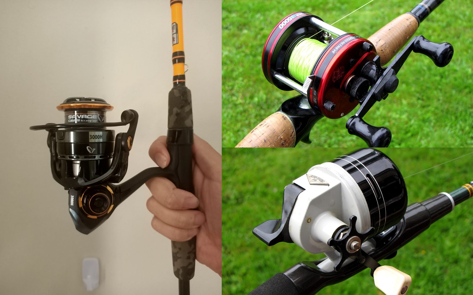 Three reel types side by side: a spinning reel under a rod, a baitcasting reel on top of a rod and a closed-face spincast reel