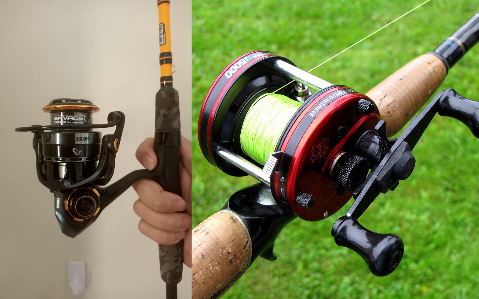 A spinning reel under a rod beside a baitcasting reel on top of a rod
